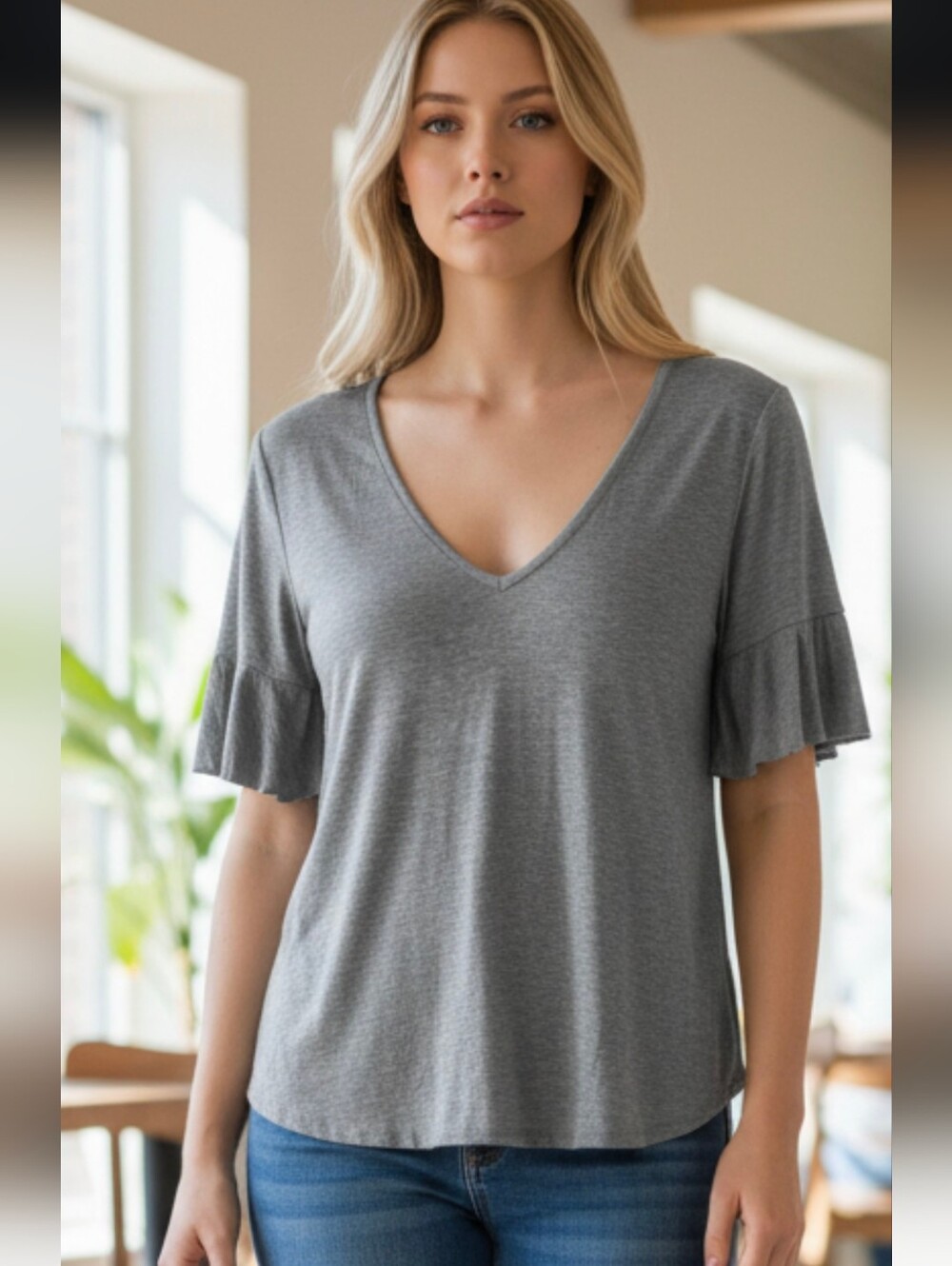 Chaser Womens Cool Jersey 3/4 Peblum Sleeve Double V Jeather Grey Top. Medium.